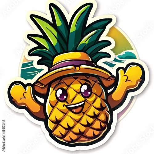 colorful cartoon pineapple with a cute face wearing a straw hat. photo