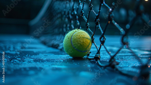 Tennis ball by net on textured court at night, vibrant colors photo