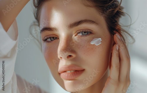 Close up of young beautiful female model applying face cream, skin care product advertisement, female model applying sunscreen, skin care and skin care ads