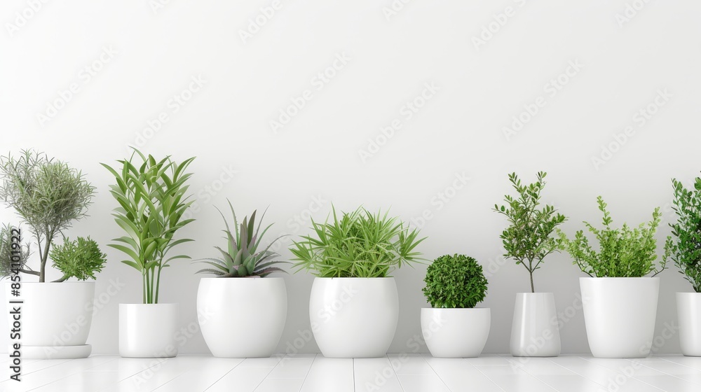  A row of potted plants aligns on a white tiled floor, facing a blank white wall