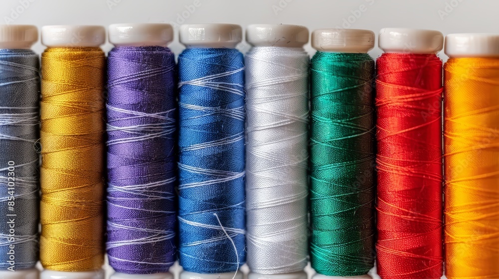 A row of thread spools aligned on a white surface, adjacent to a single row of spooled threads A row of thread spools aligned on a white surface, adjacent to a single row of spooled threads
