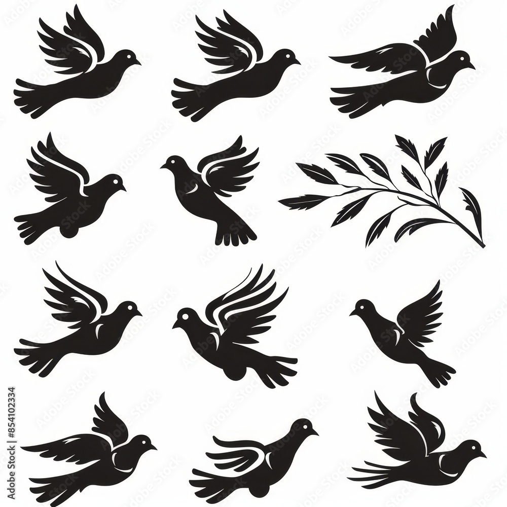 Peace dove graffiti, pigeons, twigs ink illustration. Flying birds silhouettes monochrome flat icons Peace dove graffiti, pigeons, twigs ink illustration. Flying birds silhouettes monochrome flat icons