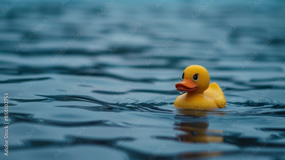 A yellow rubber duck floats atop a body of water against a backdrop of a blue sky A yellow rubber duck floats atop a body of water against a backdrop of a blue sky