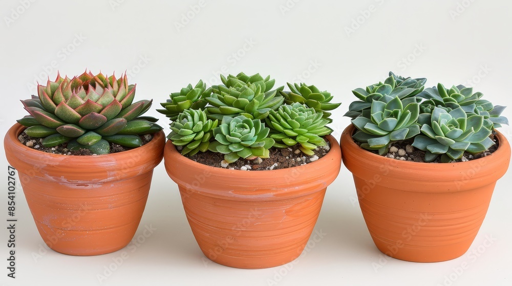 Three potted plants arranged together on a white tabletop, facing a blank white wall Three potted plants arranged together on a white tabletop, facing a blank white wall