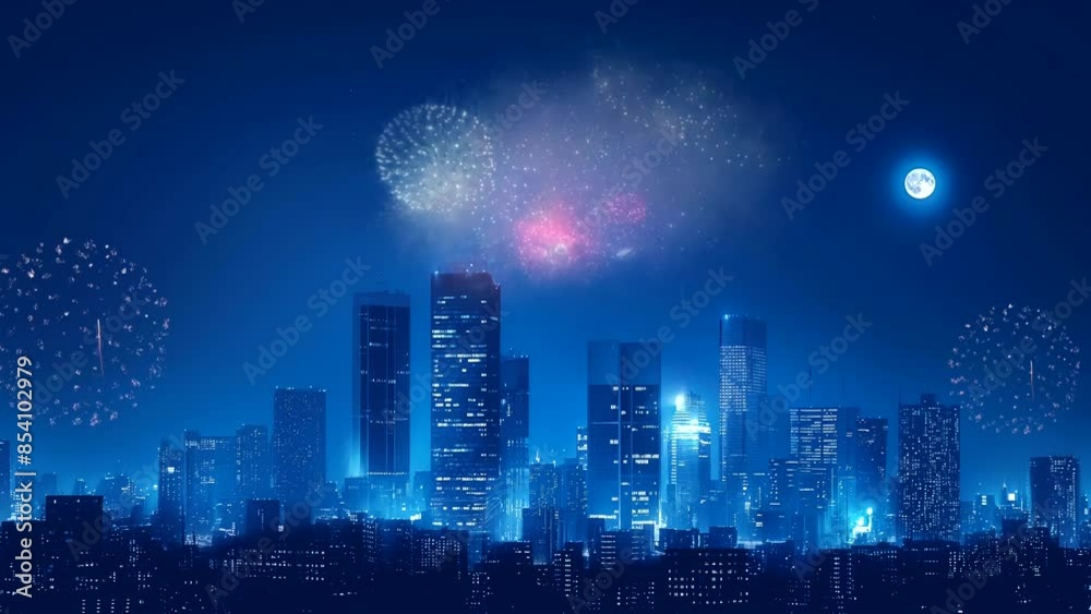 Urban skyline with fireworks display during independence day celebration. Seamless loop time-lapse animation backdrop