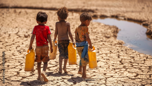 Children carrying water through cracked dry land in drought-stricken area
