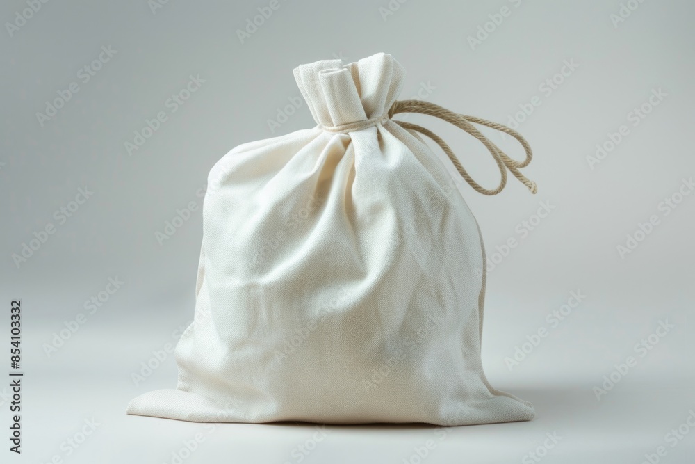 A white bag with a string tied around it, awaiting delivery or pickup A white bag with a string tied around it, awaiting delivery or pickup