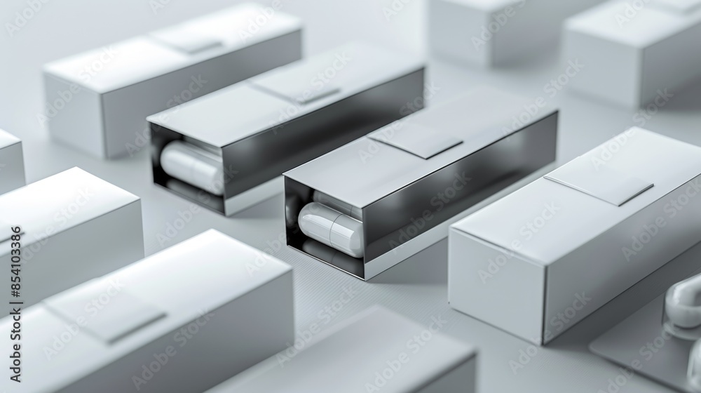 A collection of white office boxes arranged neatly on a table