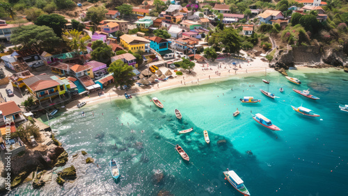 A vibrant coastal village with colorful boats anchored in turquoise waters, showcasing the picturesque beauty and charm of a tropical seaside destination.  © winona