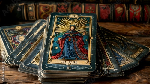 A close up shot of a stack of tarot cards, with the High Priestess card on top.