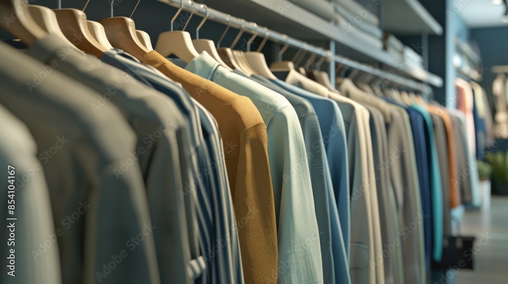 Shirts hanging on a rack, various colors and styles Shirts hanging on a rack, various colors and styles