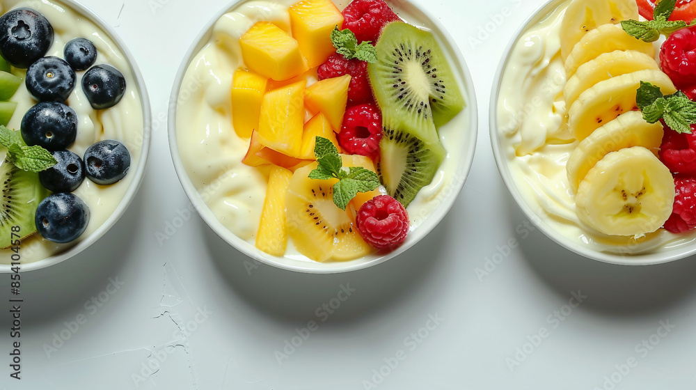 Delicious Yogurt Bowls Topped with Fresh Fruits and Granola for Healthy Breakfast Stock Photo Delicious Yogurt Bowls Topped with Fresh Fruits and Granola for Healthy Breakfast Stock Photo