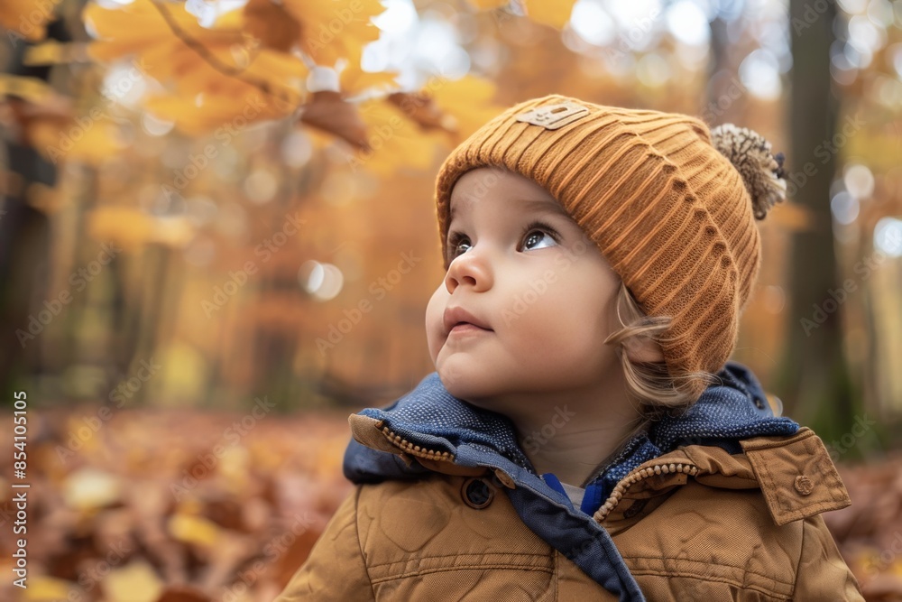 A small toddler looks up in wonder amidst a forest of autumn leaves A small toddler looks up in wonder amidst a forest of autumn leaves