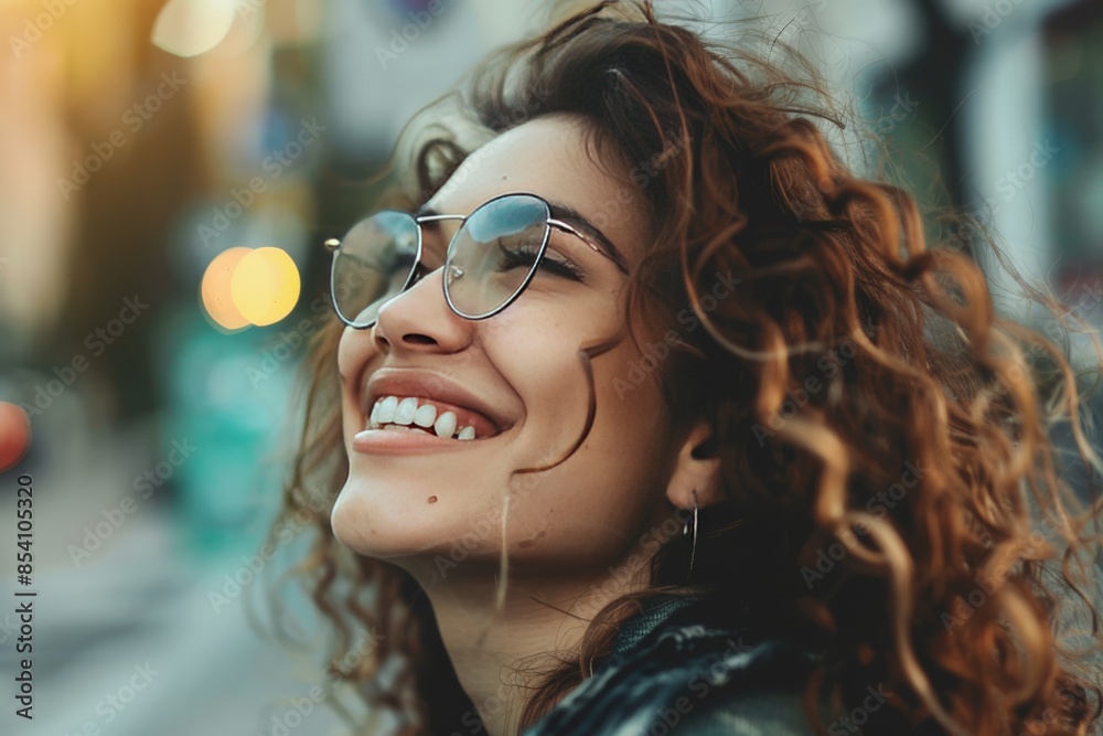 Close-up of a joyous woman with curly hair wearing reflective blue-tinted glasses, laughing heartily Close-up of a joyous woman with curly hair wearing reflective blue-tinted glasses, laughing heartily