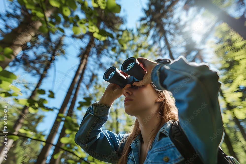 Young woman looking through binoculars in the forest. Birdwatching, zoology, ecology. Ornithology, research in nature, observation of birds. Adventure and exploration concept Young woman looking through binoculars in the forest. Birdwatching, zoology, ecology. Ornithology, research in nature, observation of birds. Adventure and exploration concept