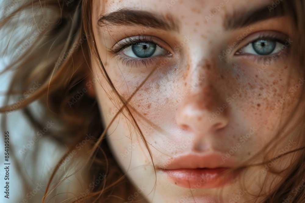 In the style of natural portrait photography, a close-up reveals a girl with multiple freckles on her face, emphasizing her natural beauty and individuality with candid authenticity In the style of natural portrait photography, a close-up reveals a girl with multiple freckles on her face, emphasizing her natural beauty and individuality with candid authenticity