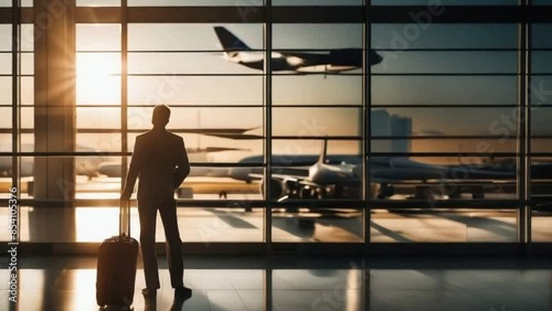 Business man with luggage in hall of lounge area looking out runway airplane in sunset. Back view of travel man standing near airport window waiting for flight. Tourism travel concept.