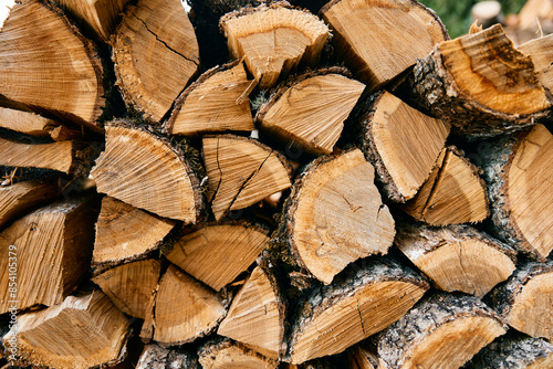 rustic woodpile nestled against lush greenery, creating a serene natural backdrop