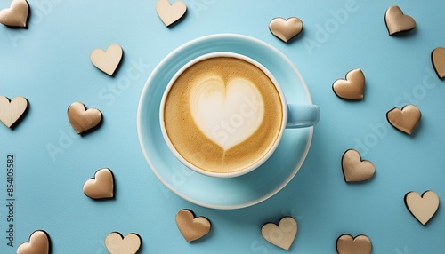 love composition made of heart shaped cappuccino on pastel blue background minimal concept of valentine s day or love creative art minimal aesthetics top view flat lay photo