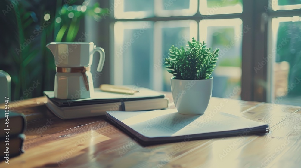 Home office desk setup with plant note paper coffee and book Home office desk setup with plant note paper coffee and book