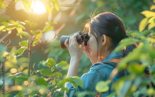 Young asian woman looking through binoculars in the forest. Birdwatching, zoology, ecology. Ornithology, research in nature, observation of birds. Adventure and exploration concept photo