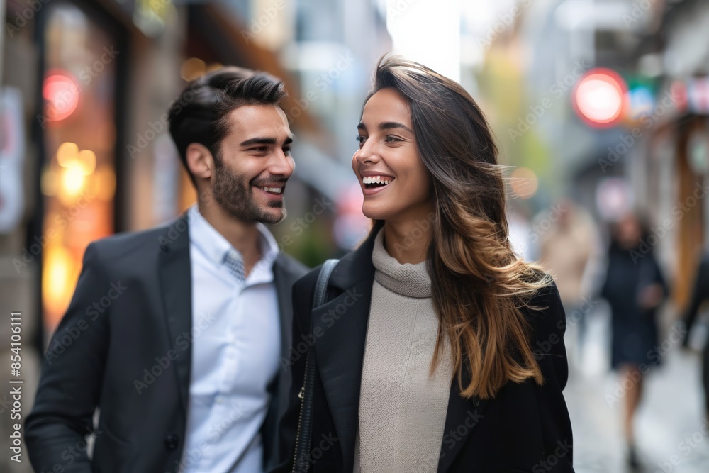 An elegant couple walks on a cobblestone street, sharing a laugh and enjoying each other's company An elegant couple walks on a cobblestone street, sharing a laugh and enjoying each other's company
