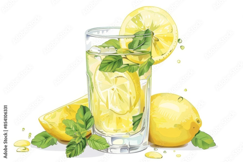 A vibrant illustration of a refreshing glass of lemonade, perfect for hot summer days. The condensation and fresh mint leaves evoke a sense of coolness and serenity. A vibrant illustration of a refreshing glass of lemonade, perfect for hot summer days. The condensation and fresh mint leaves evoke a sense of coolness and serenity.