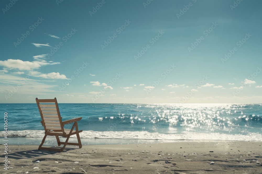 A lone beach chair stands on the shore, overlooking the vast, shimmering sea. The atmosphere is peaceful and calming. A lone beach chair stands on the shore, overlooking the vast, shimmering sea. The atmosphere is peaceful and calming.