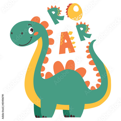 Vector children's illustration. Cute dinosaur and the inscription ROAR. Print for children's products . Vector illustration photo