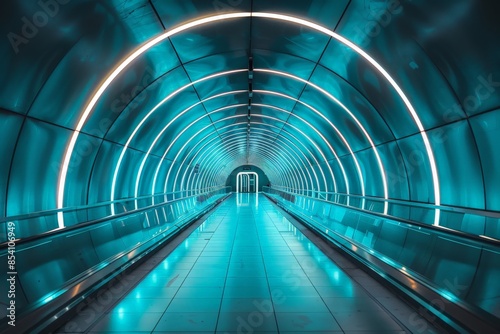 The image features a modern, circular tunnel illuminated with a vibrant blue light, creating a futuristic atmosphere