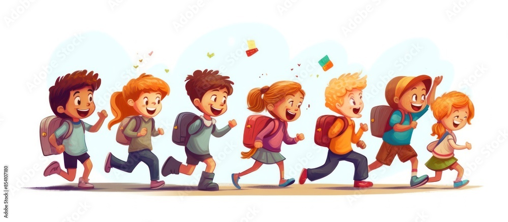 Happy Children with Backpacks Going to School Happy Children with Backpacks Going to School