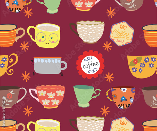 Seamless Pattern with Colorful Coffee Cup Vector Image Postcard