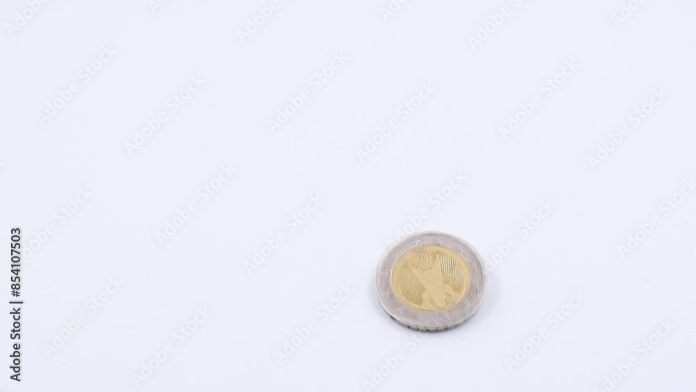 Spinning German two euro coin on white background,macro close-up. Spinning German two euro coin on white background,macro close-up.