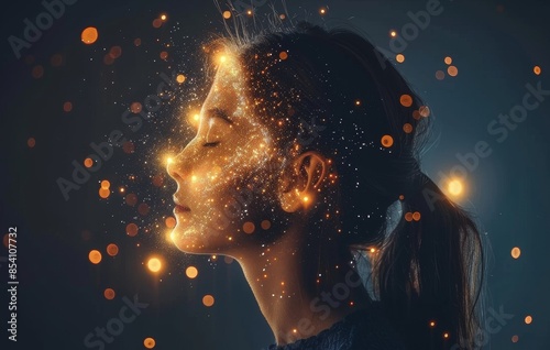 Virtual technique demonstration: A woman's profile and light spots radiate thoughts, showing different ideas and expressing opinions in an impactful way