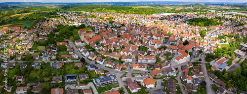 Aerial around the old town of the city Markgröningen in Germanyon a spring day around noon. 