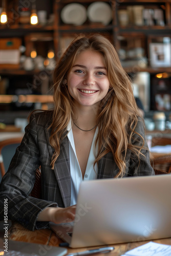 Caucasian businesswoman using laptop in coffee shop. © S photographer