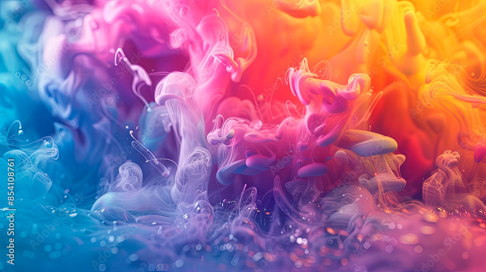 Obraz premium Colorful abstract smoke design with a gradient of pink, blue, purple, and orange, indoors, daytime. Concept of creativity and vibrant energy. Ideal for backgrounds, digital art, and design projects.