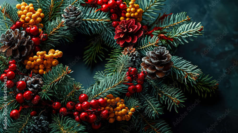 A wreath adorned with pine cones and dried oranges, offering a rustic and fragrant holiday decoration. A wreath adorned with pine cones and dried oranges, offering a rustic and fragrant holiday decoration.