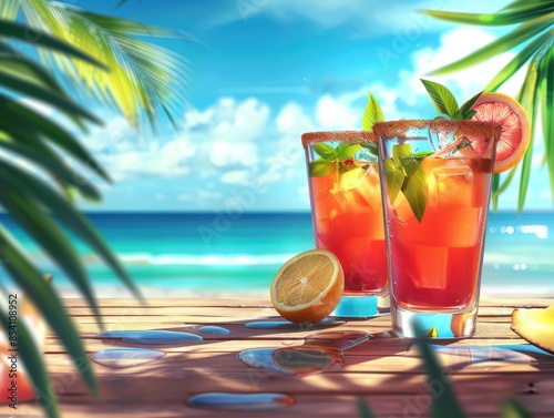 Cocktails at a beach bar at tropical resort. Summer vacation background, website header, banner for travel, tourism, holidays, beach bar, resort, party. Generative AI.