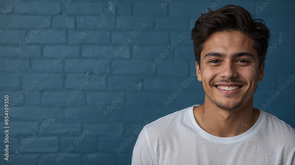 Young Latin man wearing white t-shirt smiles brightly against blue brick wall backdrop. Copy space
