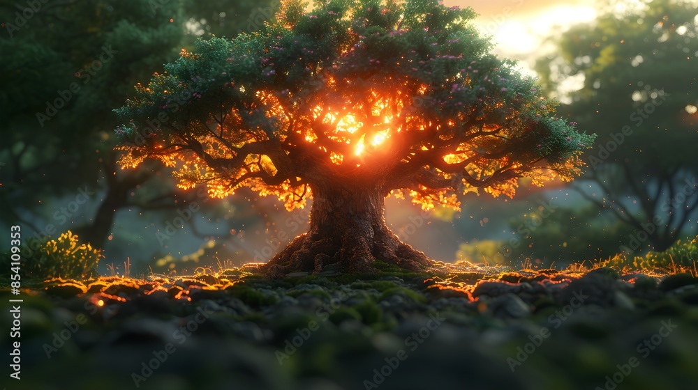 Majestic Tree with Sunlight Shining Through in a Forest Majestic Tree with Sunlight Shining Through in a Forest