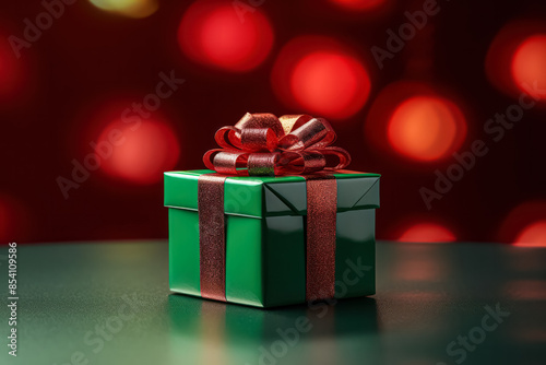 A green box with red ribbon sits on a table. The box is decorated with glitter and is likely a gift. The image has a festive and celebratory mood, as it is likely for a holiday like Christmas