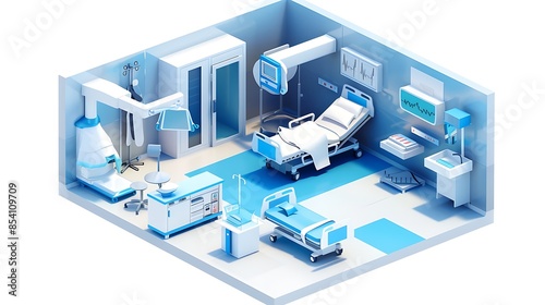Vector image of a hospital facility icon featuring medical wards and patient rooms, rendered in 3D and isolated © Naseem