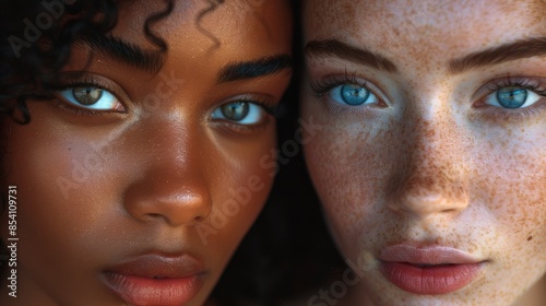 Intimate portrait of two women with captivating blue and brown eyes and vibrant facial details