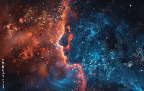 The montage technique shows a woman with different thoughts, with overlapping faces, showing different thoughts and expressing opinions in a shocking way.