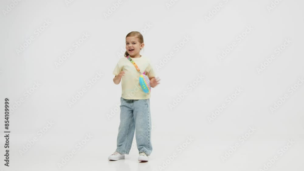 Fashionable, stylish little girl dancing, having fun and posing on a white studio background. Fashion, children's clothing and entertainment concept. Fashionable, stylish little girl dancing, having fun and posing on a white studio background. Fashion, children's clothing and entertainment concept.