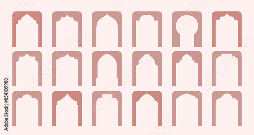 Arabic minimalist window shapes. Moroccan arche, gateway silhouettes. Vector simple beige open arcs for card