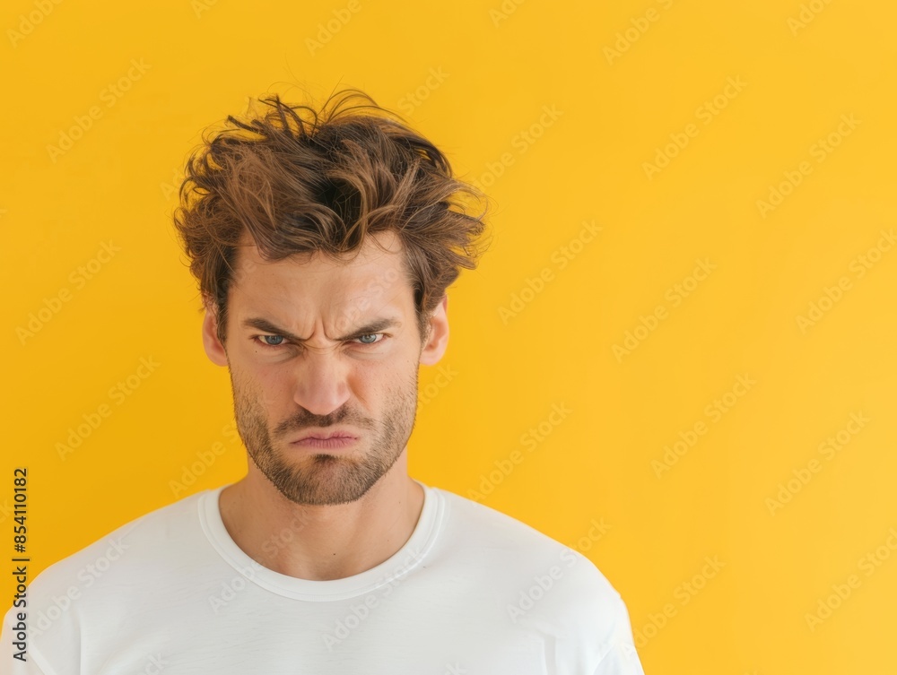 Angry Man Expressing Emotions Against Yellow Background Generative AI Angry Man Expressing Emotions Against Yellow Background Generative AI