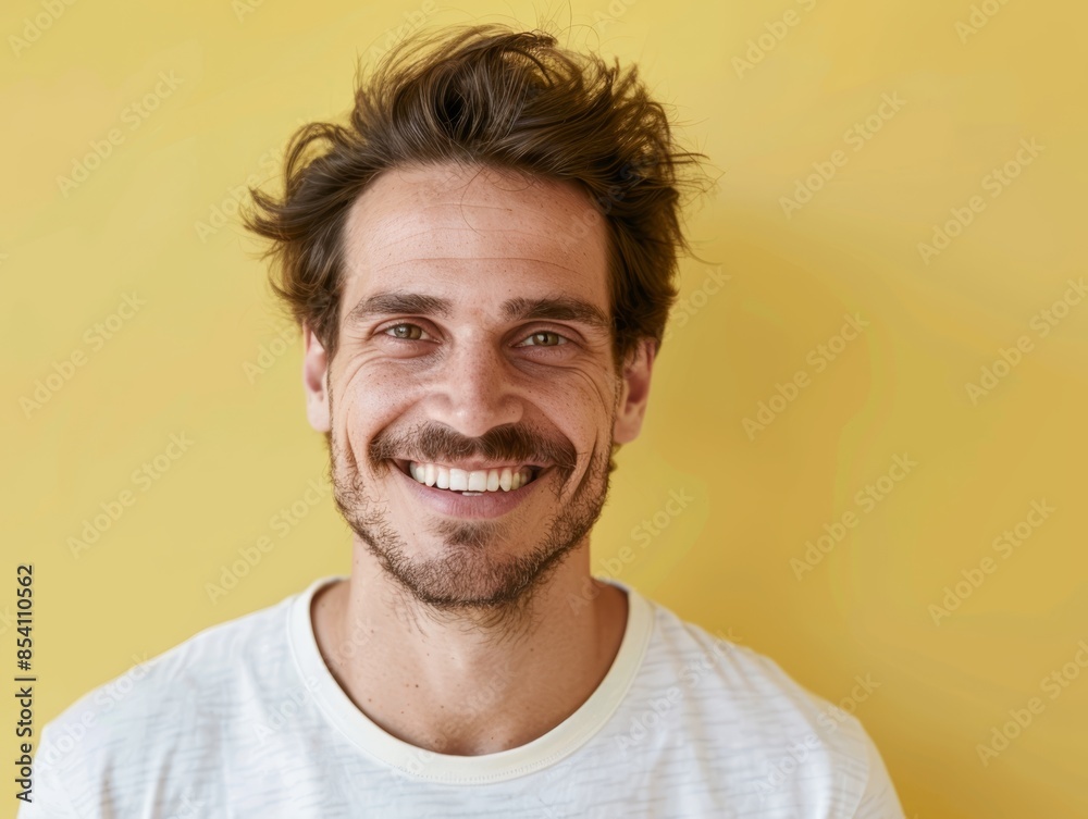 Obraz premium Warm Smiling Portrait Against Soft Yellow Background Generative AI
