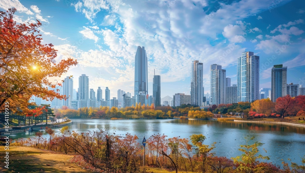 Obraz premium n autumn, the skyline of Seoul's tall buildings can be seen in front of Blue Lake Park receiving sunlight Generative AI